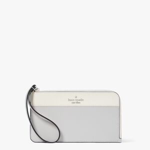 Kate Spade Lucy Medium L-Zip Wristlet in Platinum Gray and Cream.
